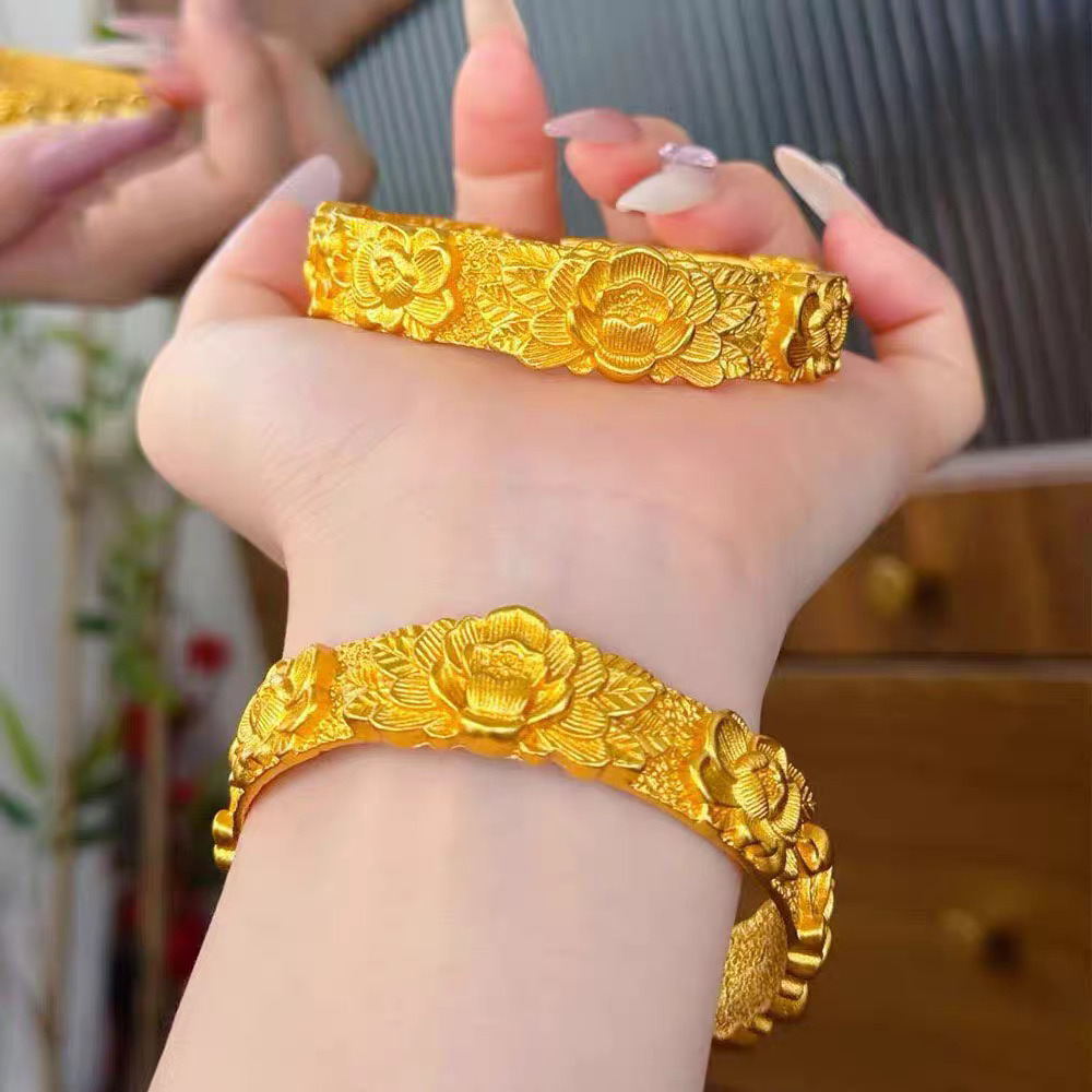 3D carved peony bracelet, solid gold-colored Chinese style