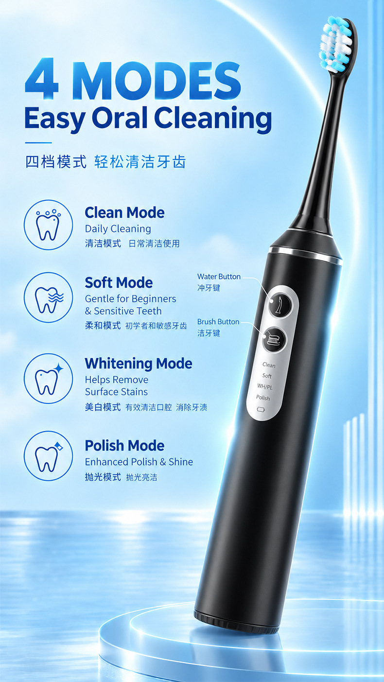 3-in-1 electric toothbrush with sonic wave and water flosser