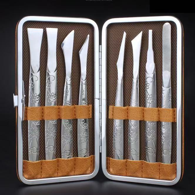 浮雕花纹不锈钢修脚刀套装8刀头专业修甲修足全套工具