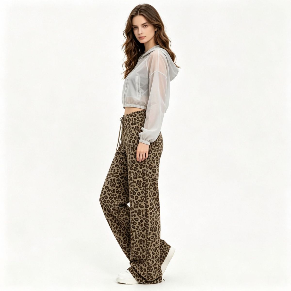 Damen-Yogahose mit Leopardenmuster und weitem Bein, hohe Taille