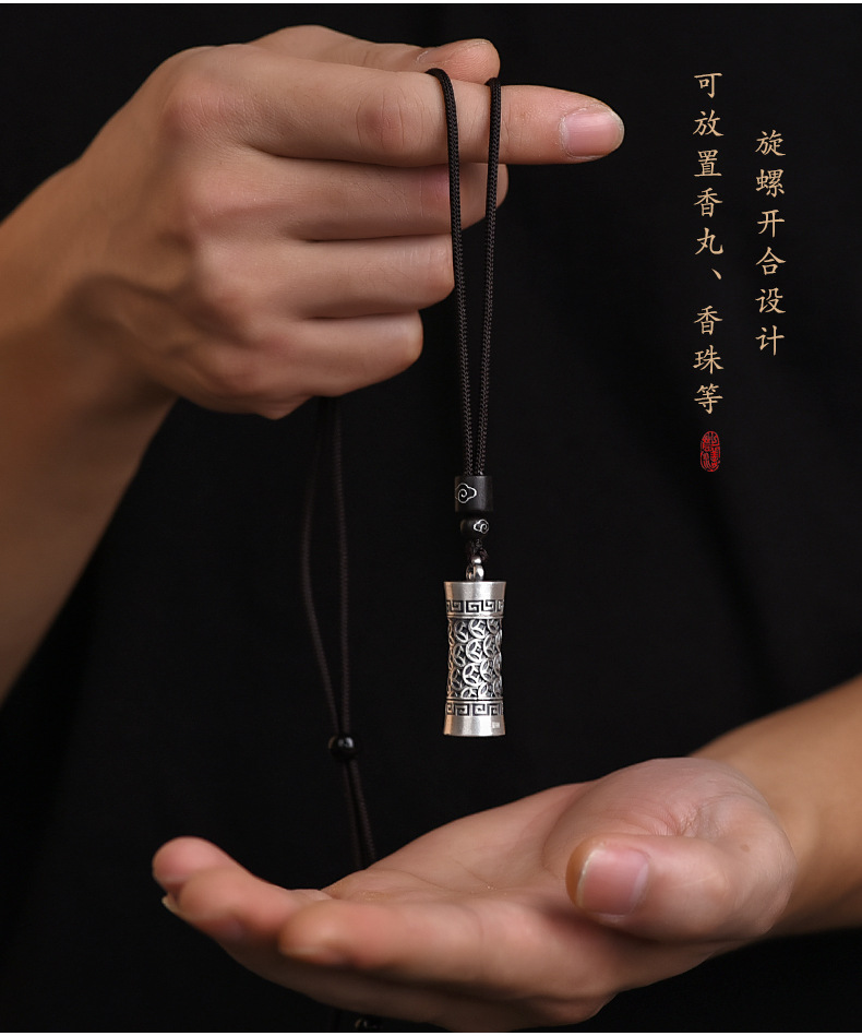 Openable Thai silver cloud mantra pendant, pure silver necklace