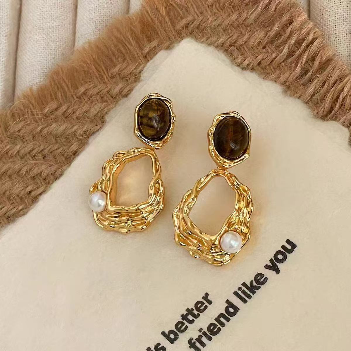 Fransız Vintage Küpe Karamel Kehribar Renkli Boncuklu
