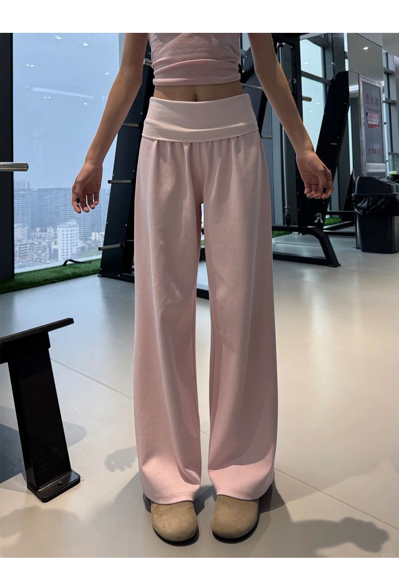 咖色翻腰运动裤女夏薄款慵懒随性瑜伽健身裤小个子垂感宽松阔腿裤