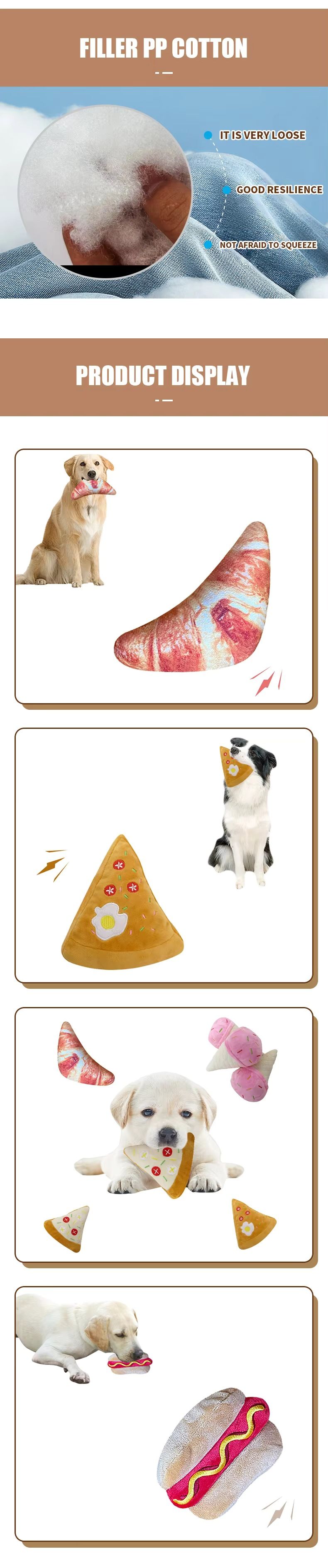 Peluş köpek oyuncağı, sesli, pizza ve ekmek tasarımı