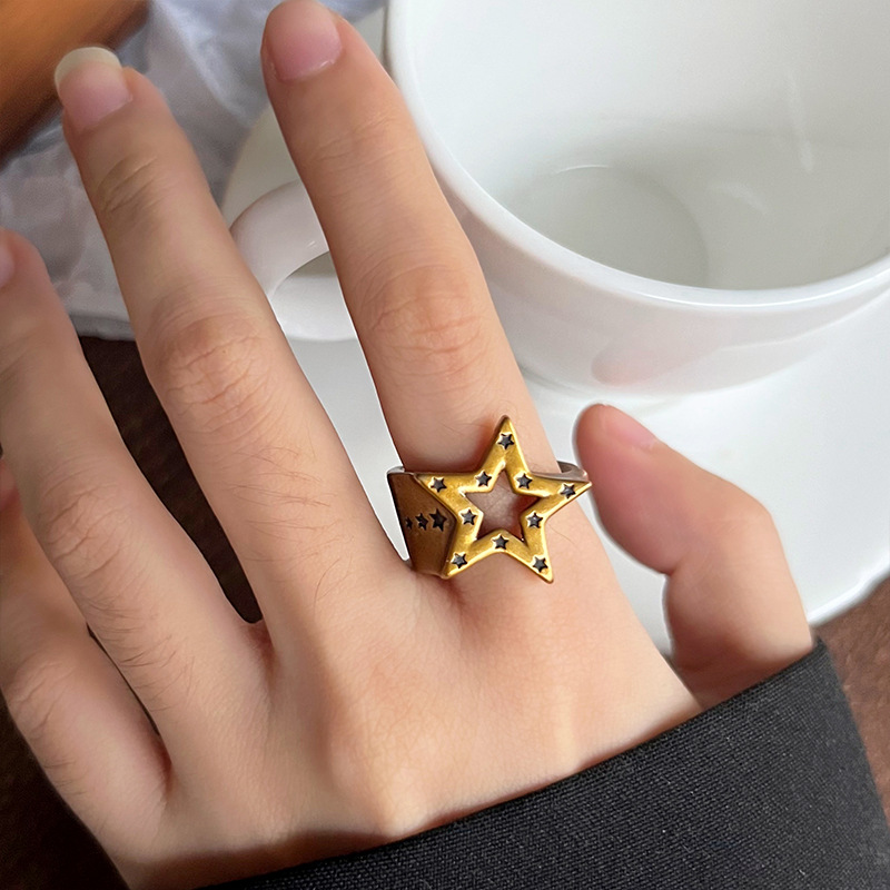 Five-pointed star 925 silver ring, hip-hop design