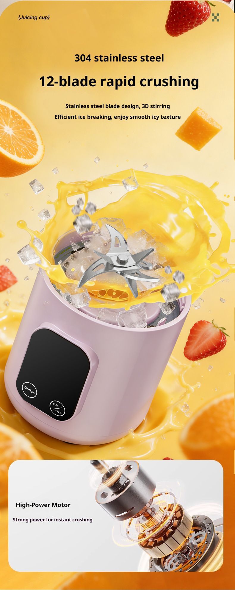 Portable USB rechargeable blender with 8 blades, touch screen, ice crushing function