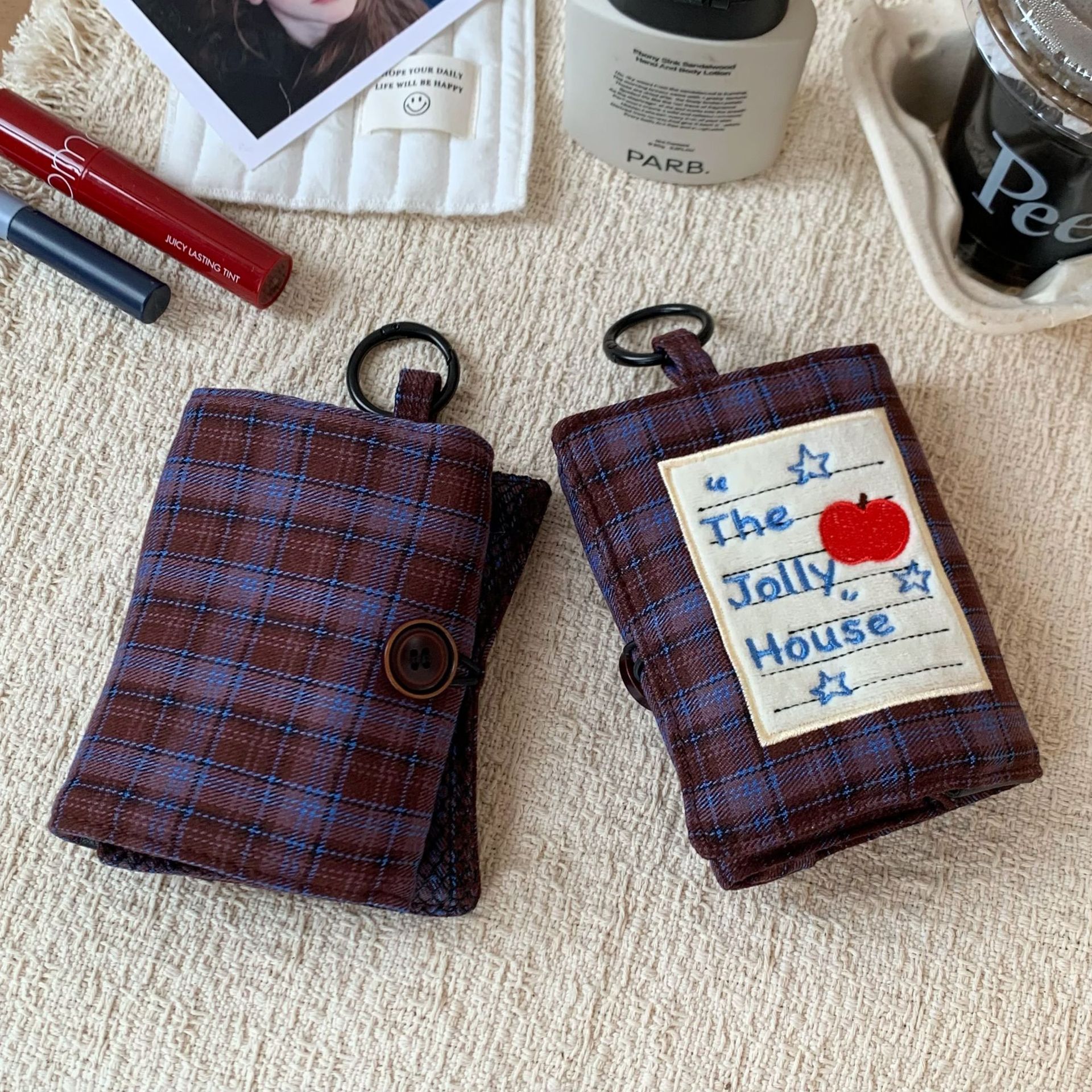 Karo desenli mini pasaport çantası taşınabilir saklama