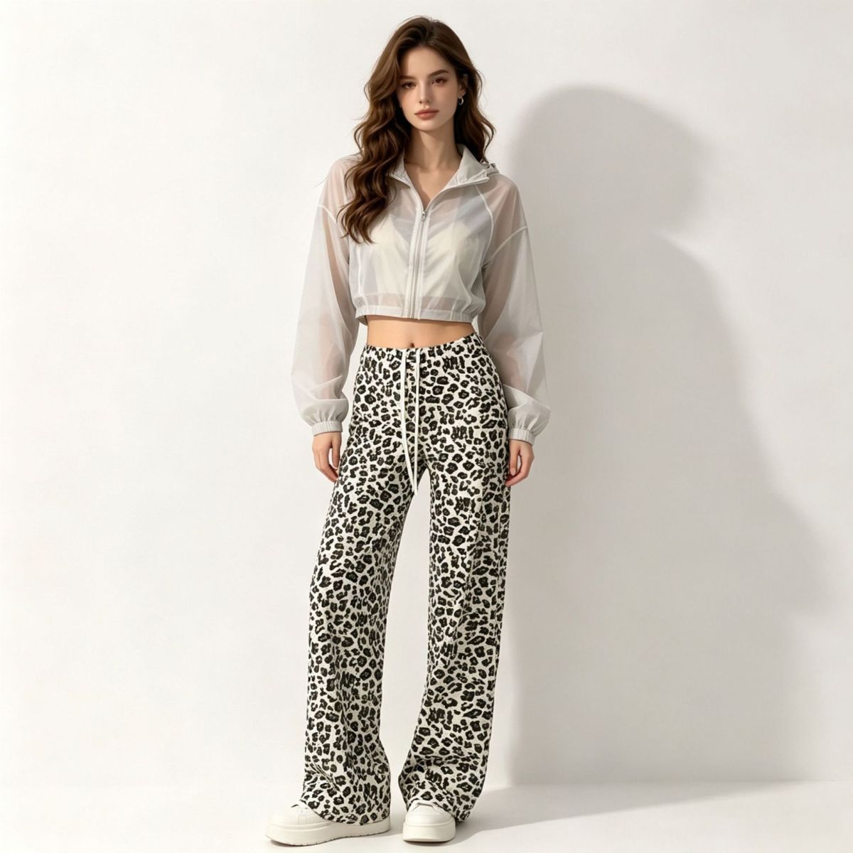 Damen-Yogahose mit Leopardenmuster und weitem Bein, hohe Taille