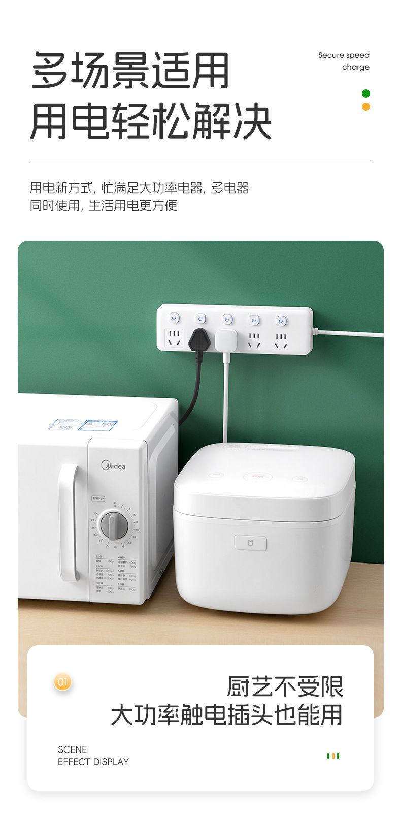 Power strip with USB, long cord, smart control