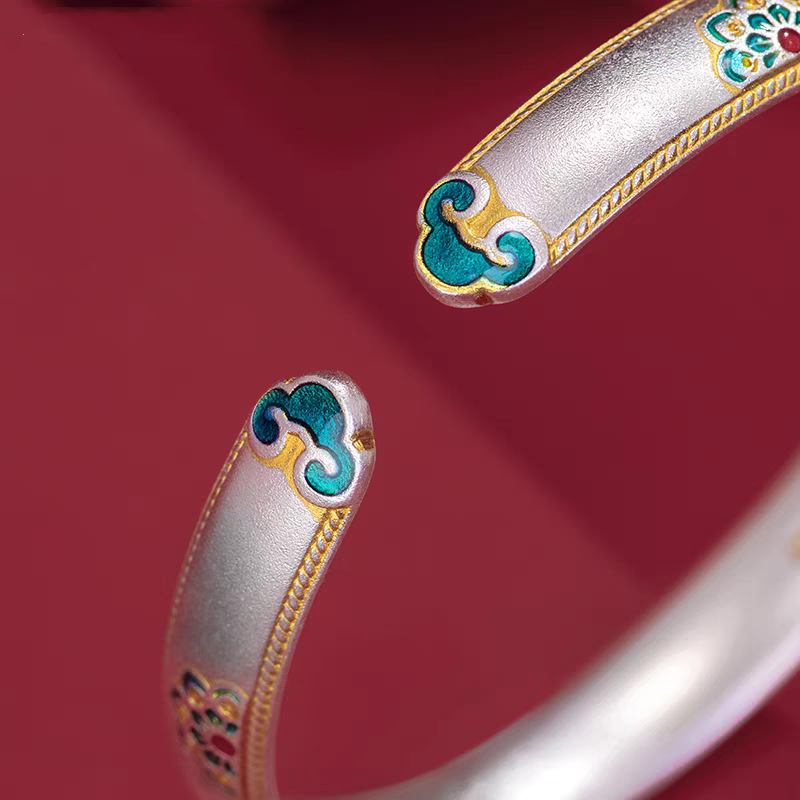 Enamel flower bangle bracelet, gold-plated, solid resin
