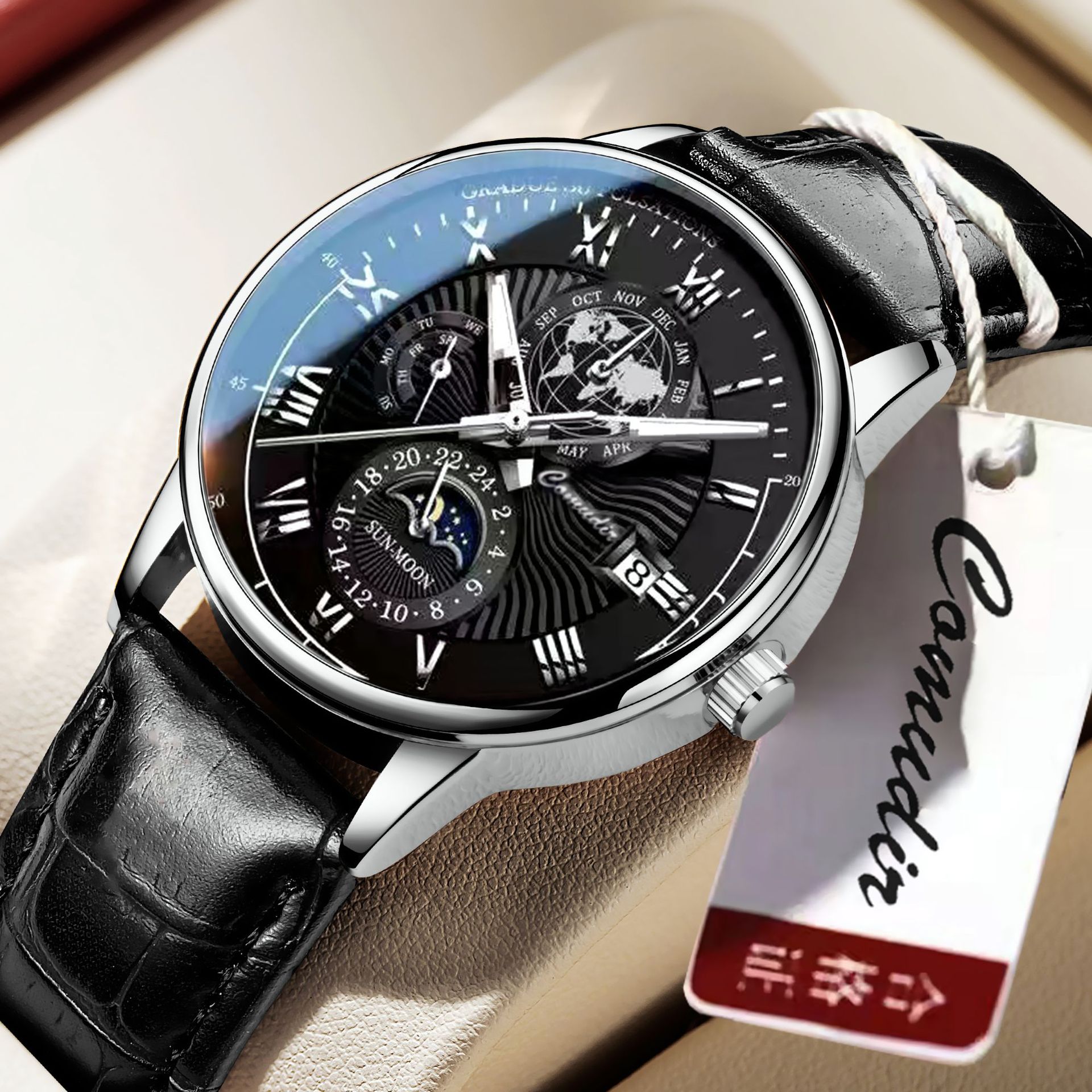 Men's quartz watch, leather strap, waterproof