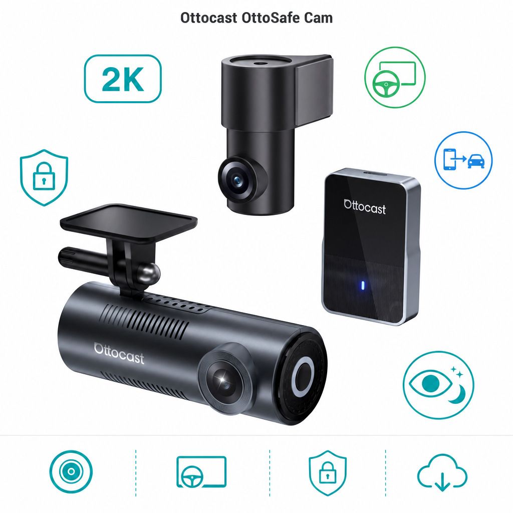 Ottocast çift kameralı kablosuz CarPlay dashcam, 2K QHD 1440p