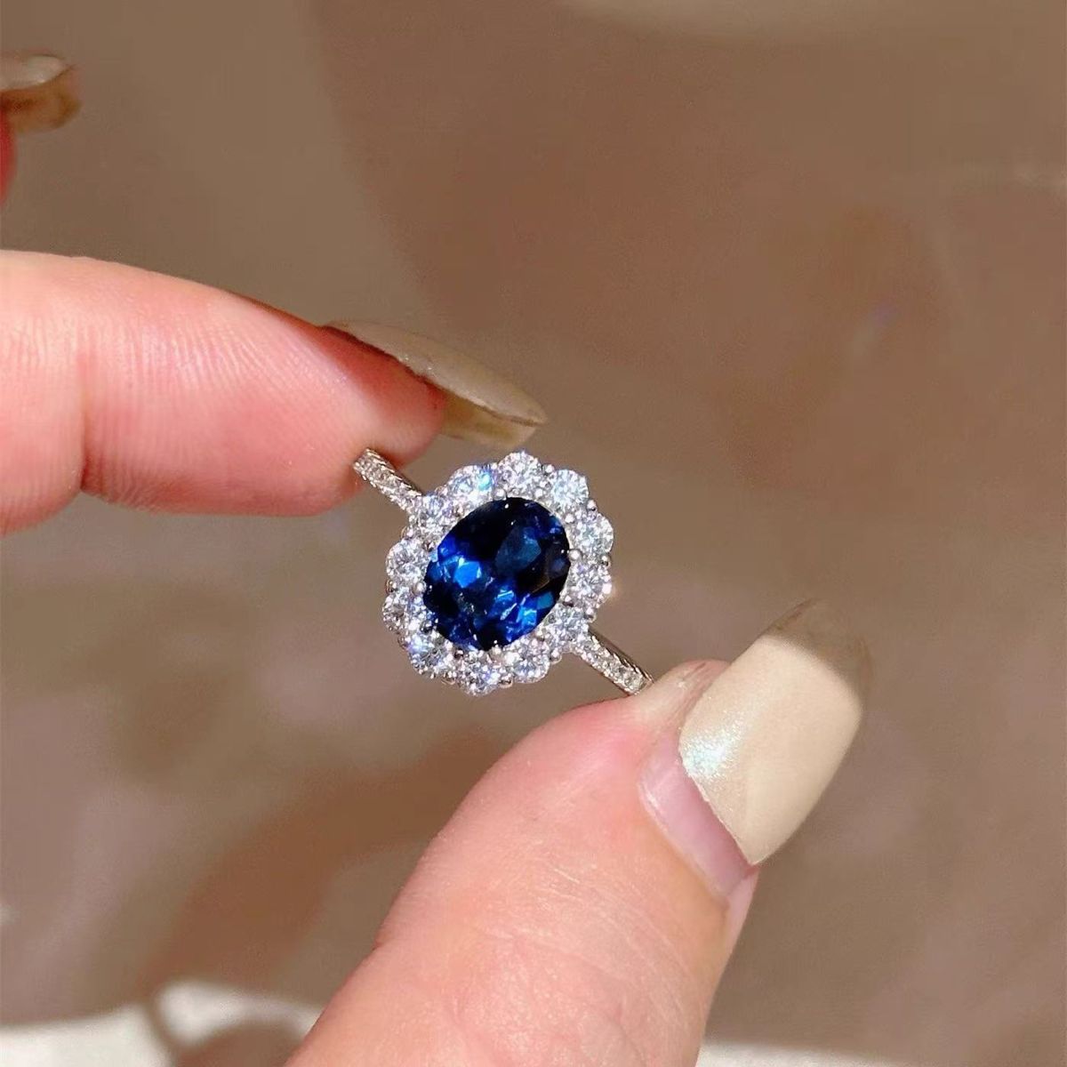 Dove egg blue zircon ring, adjustable, luxury