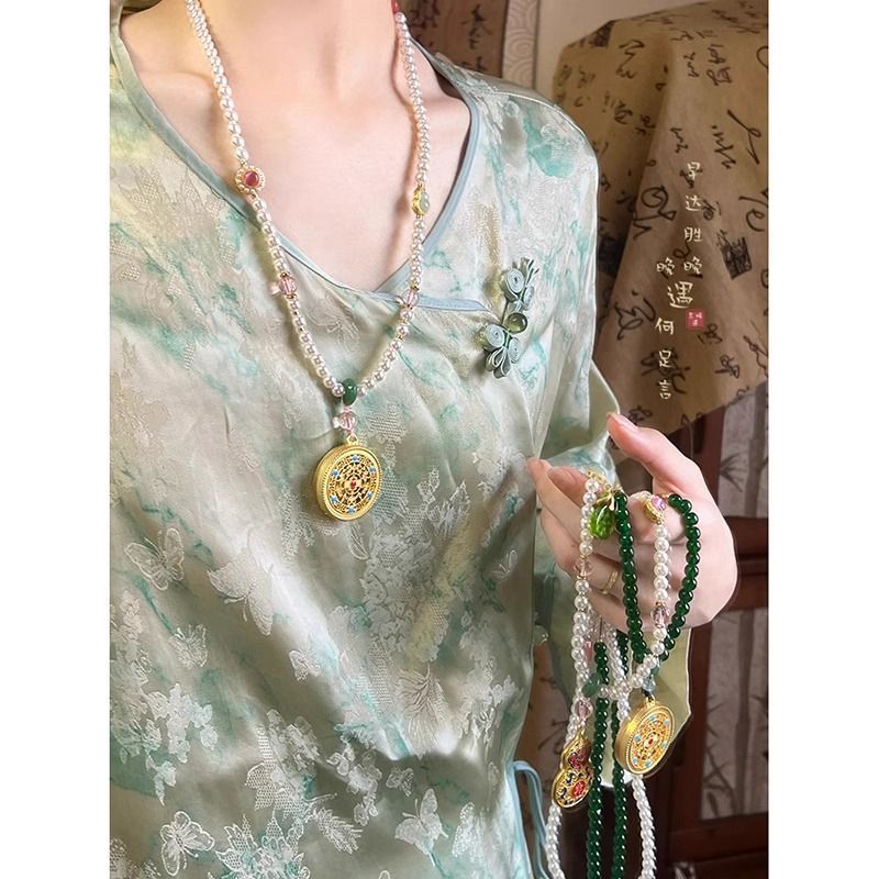 Vintage yuvarlak boncuklu kolye, Hanfu ve Cheongsam aksesuarı, etnik stil