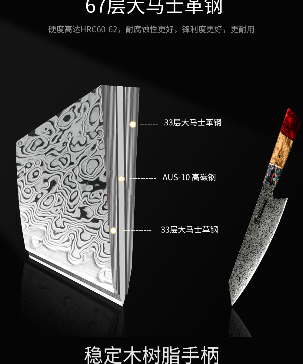 67-schichtiges Damaszener-Messer mit japanischem AUS-10-Stahl, Holzgriff