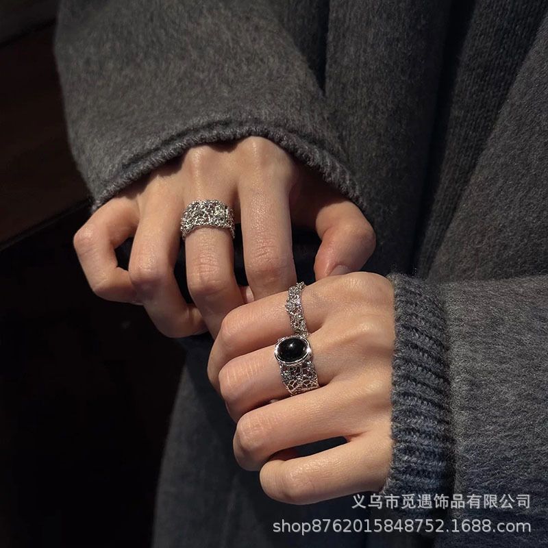 中古三件套！冷淡风银色镂空蕾丝戒指女轻奢高级感时尚食指戒指环