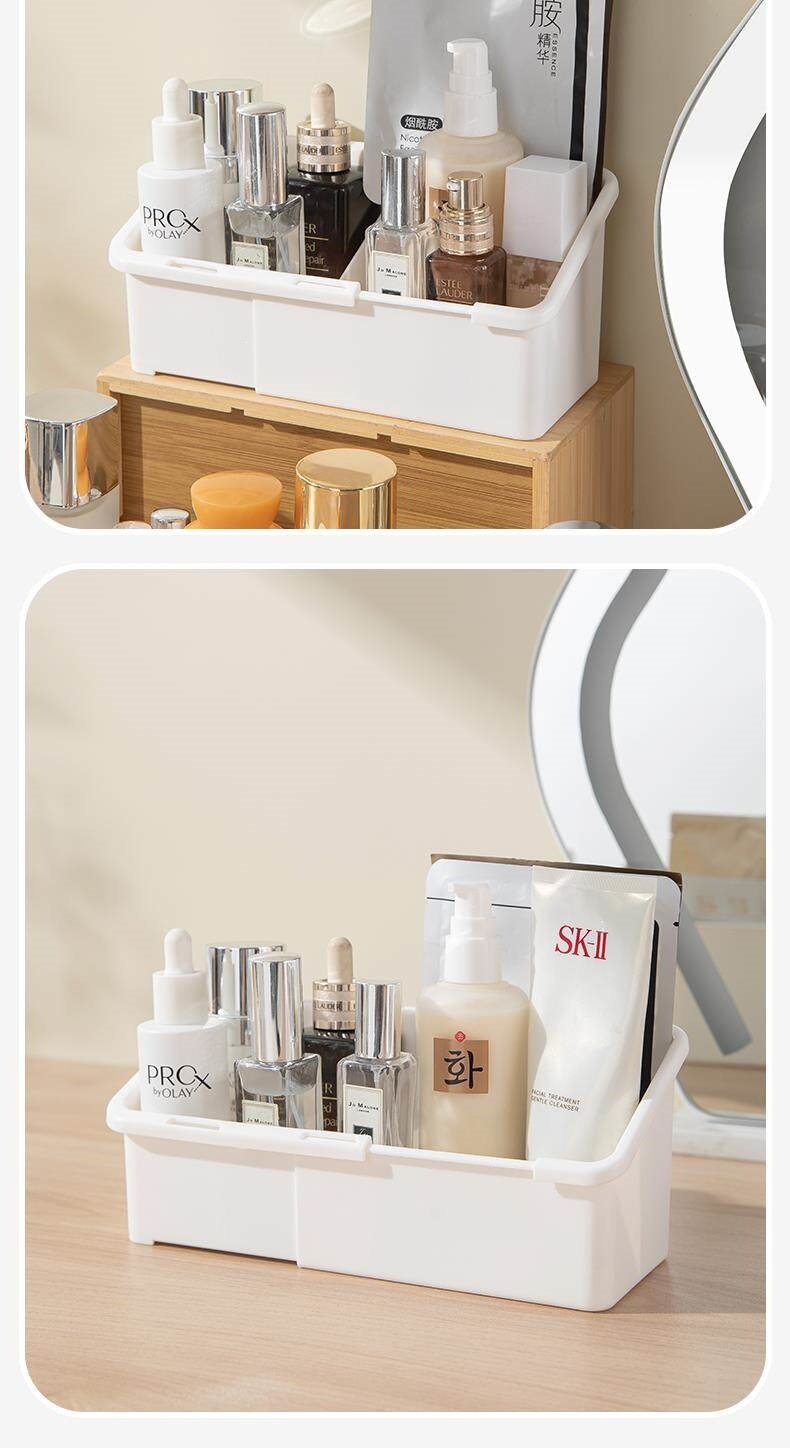 Cosmetics storage box, mirror lid, adjustable compartments