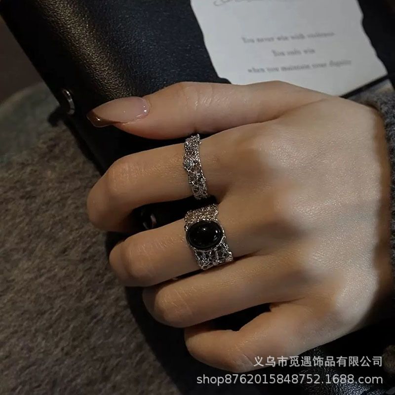 中古三件套！冷淡风银色镂空蕾丝戒指女轻奢高级感时尚食指戒指环