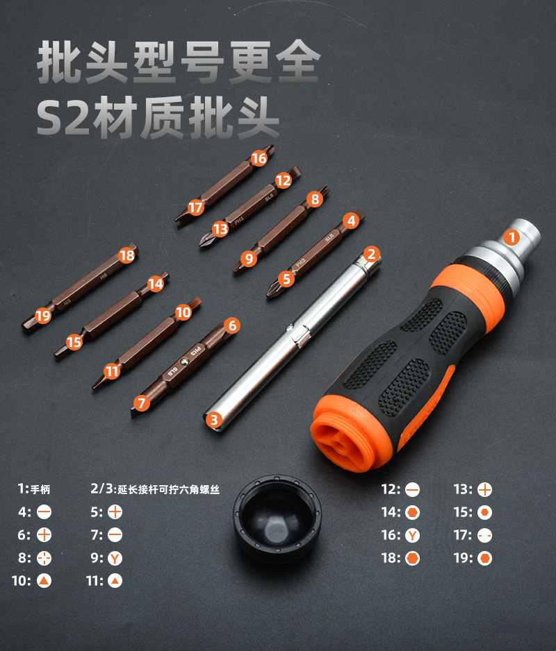 Magnetic ratchet screwdriver set, telescopic design