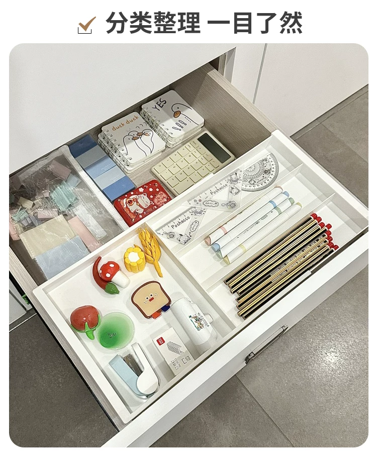 Drawer organizer with adjustable dividers, hanging system