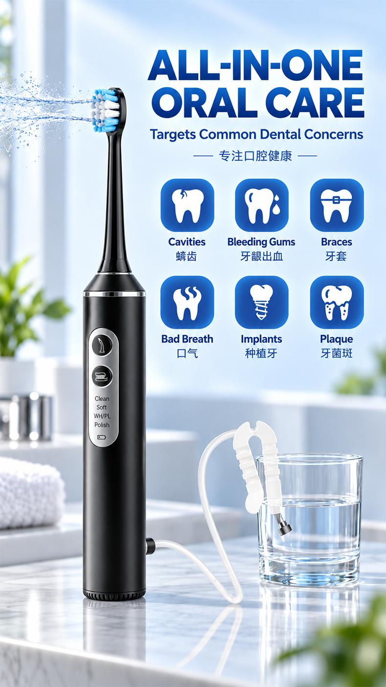 3-in-1 electric toothbrush with sonic wave and water flosser