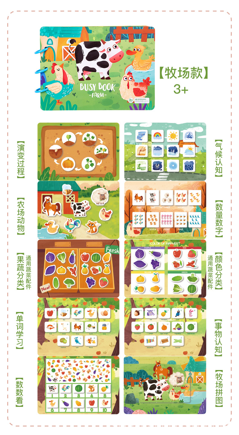Children's Quiet Educational Book with Reusable Stickers