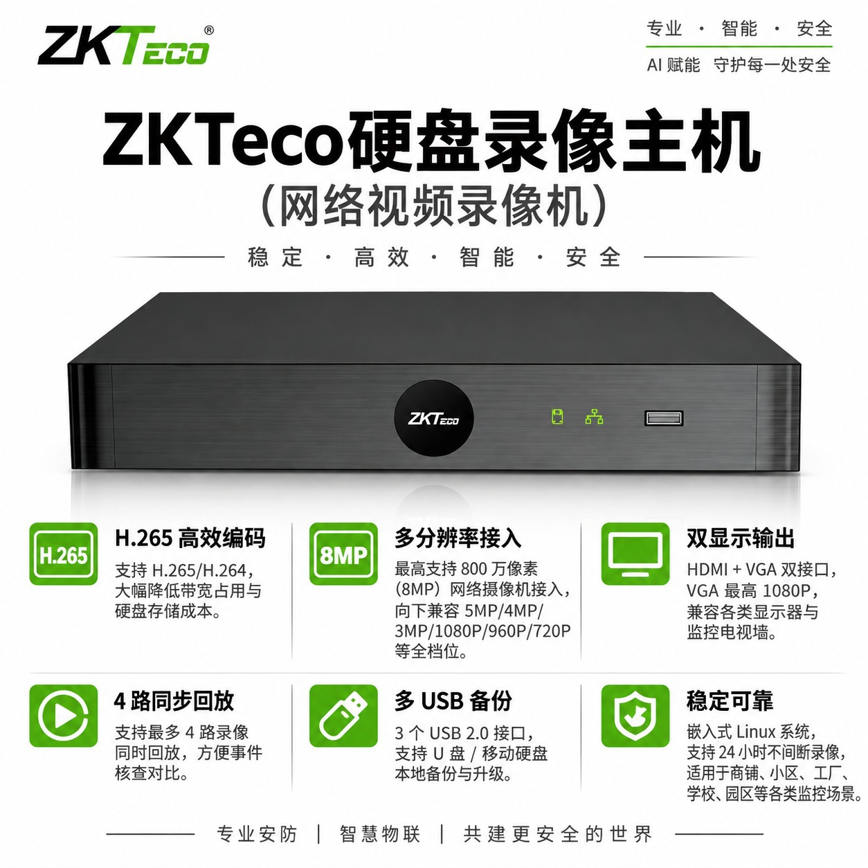 ZKTeco NVR video recorder, 4/8 channel, 8MP camera support