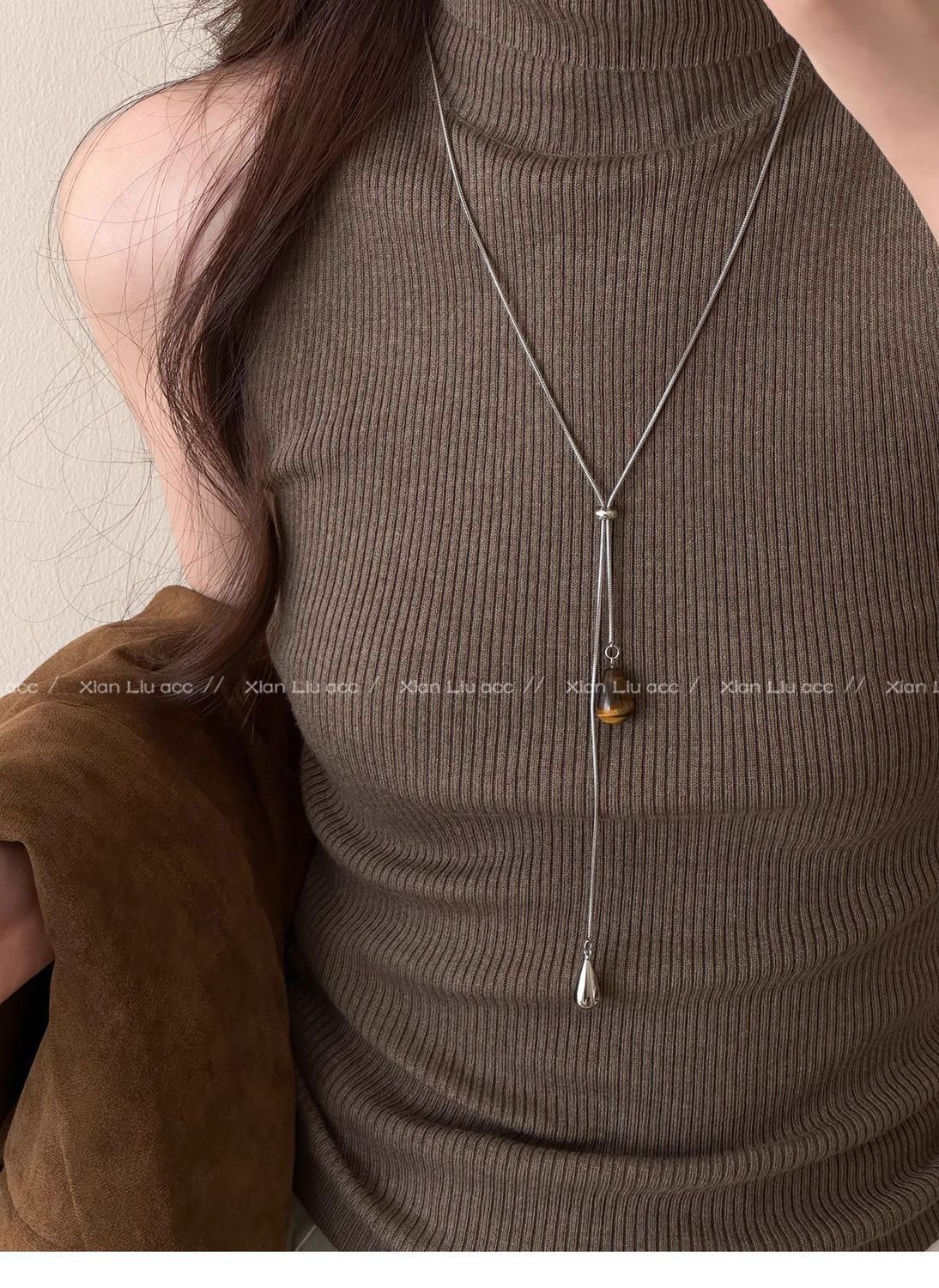 Tiger's eye water drop pull-through necklace, long design, women's accessory