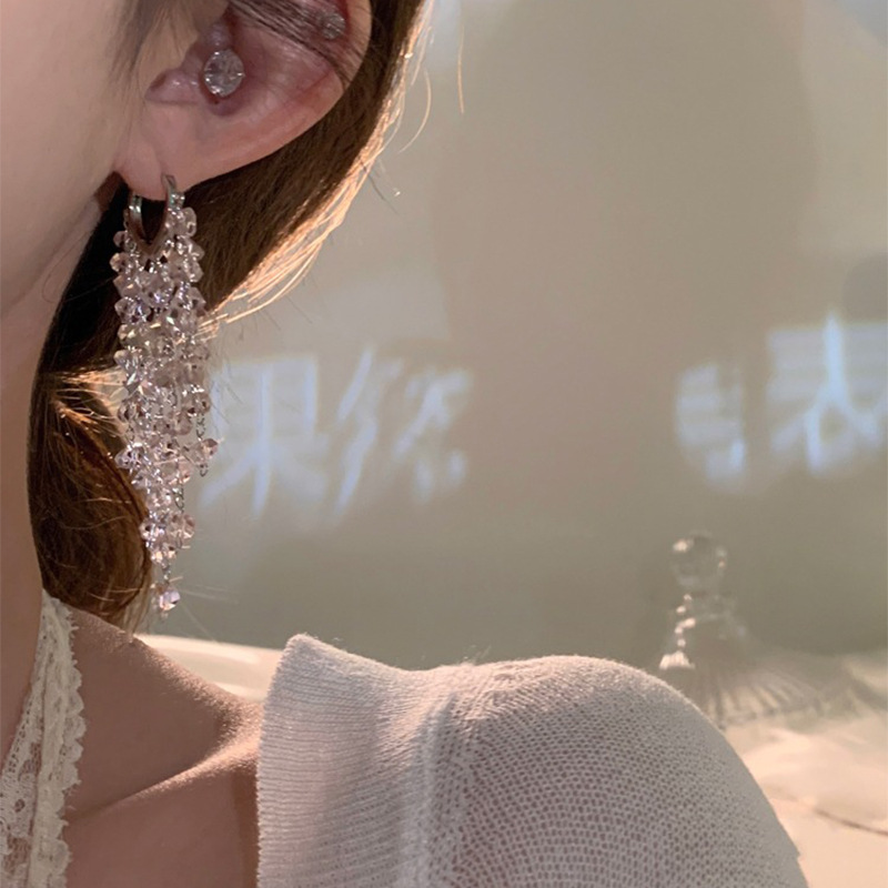 Crystal tassel earrings in white pink, elegant design
