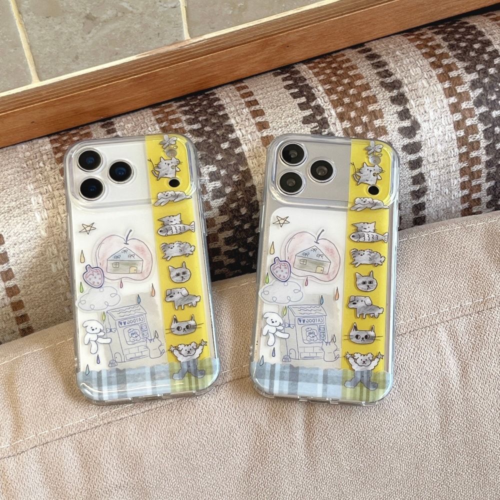 iPhone 17/16 Pro Max telefon kılıfı, kedi çizimi, tam koruma