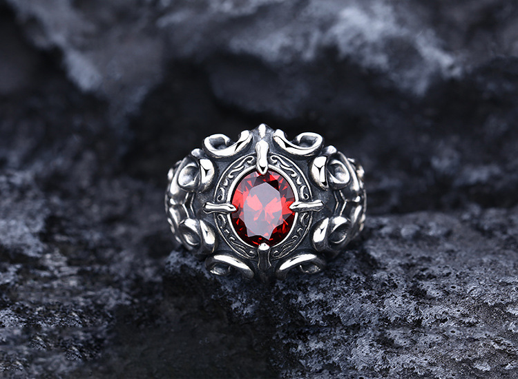 S925 silver plated garnet flower ring men's