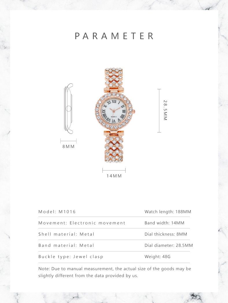 Women's quartz watch with rhinestone detail and Roman numerals