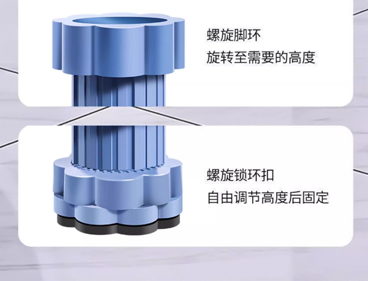 Washing machine base feet with adjustable height and vibration isolation
