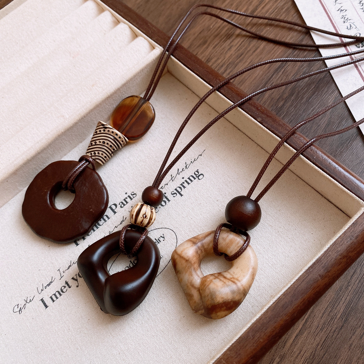Geometric wood bead resin pendant necklace, vintage, long