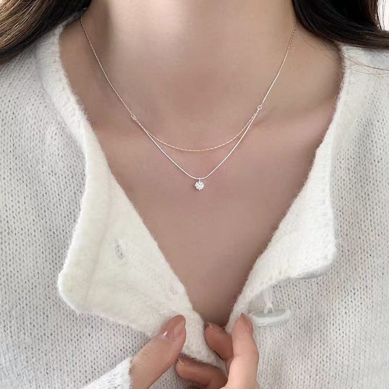S999纯银爱心蝴蝶结锆石项链女精致优雅轻奢高级感锁骨链首饰新款