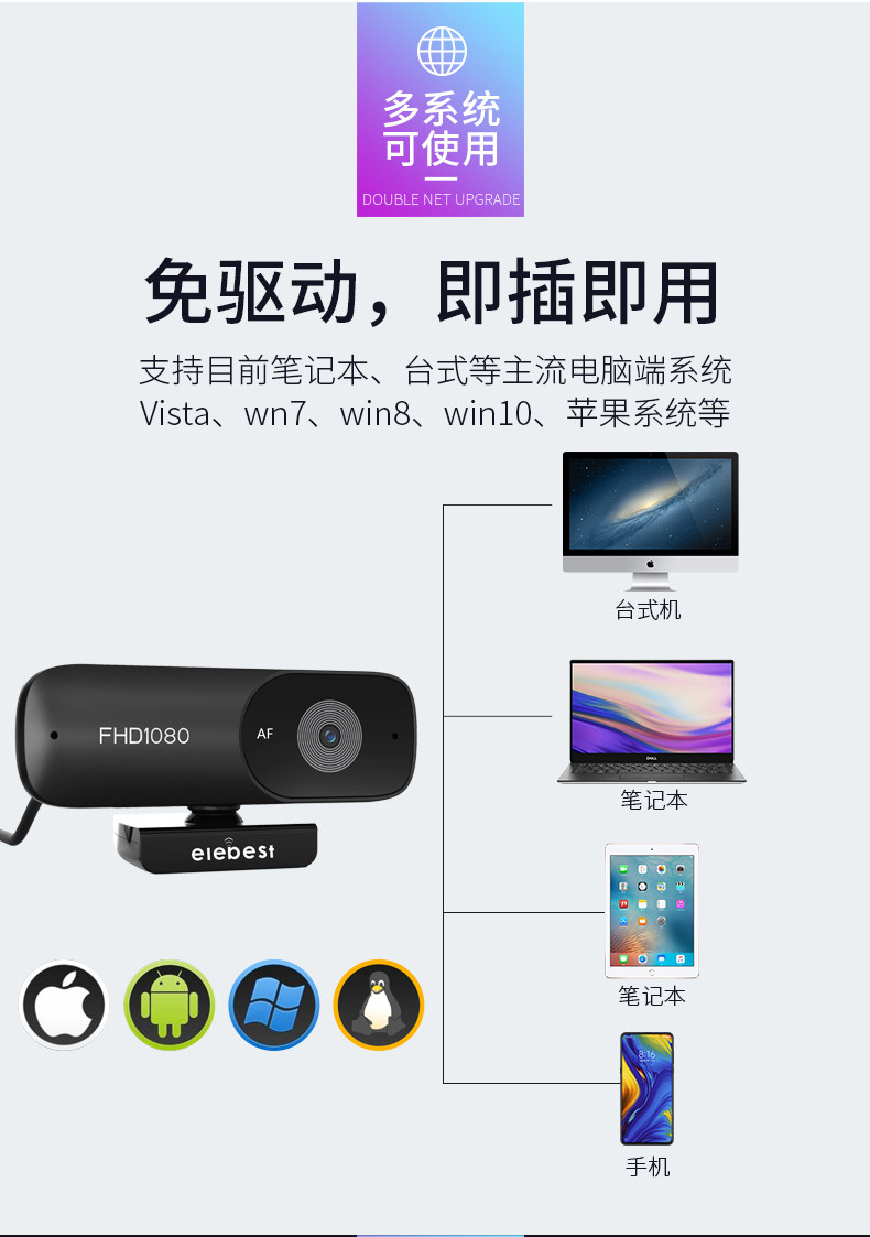 USB computer camera, 2K, autofocus, live streaming