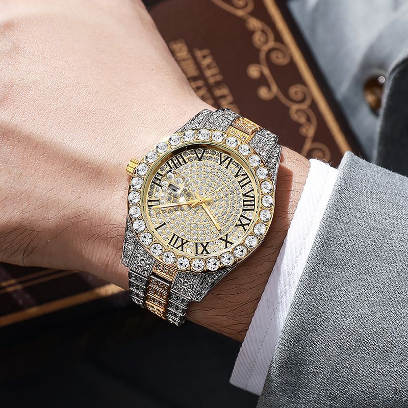 Damen-Quarzuhr mit Edelstahlband, Kalender und Strass