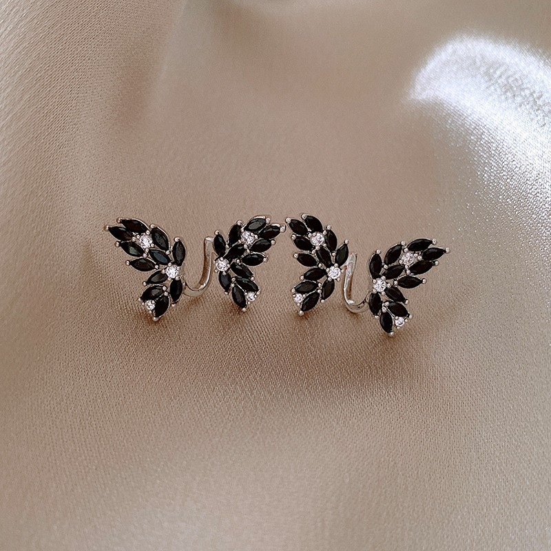 Silver heart butterfly earrings, black zircon, vintage