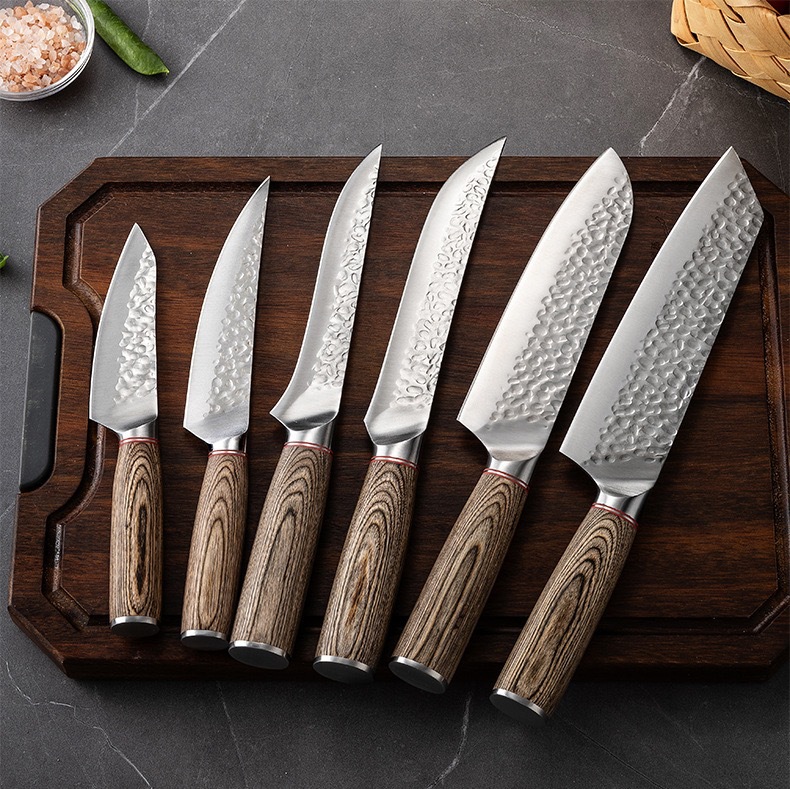 Colorful wooden handle hammer-textured steel kitchen knife set santoku