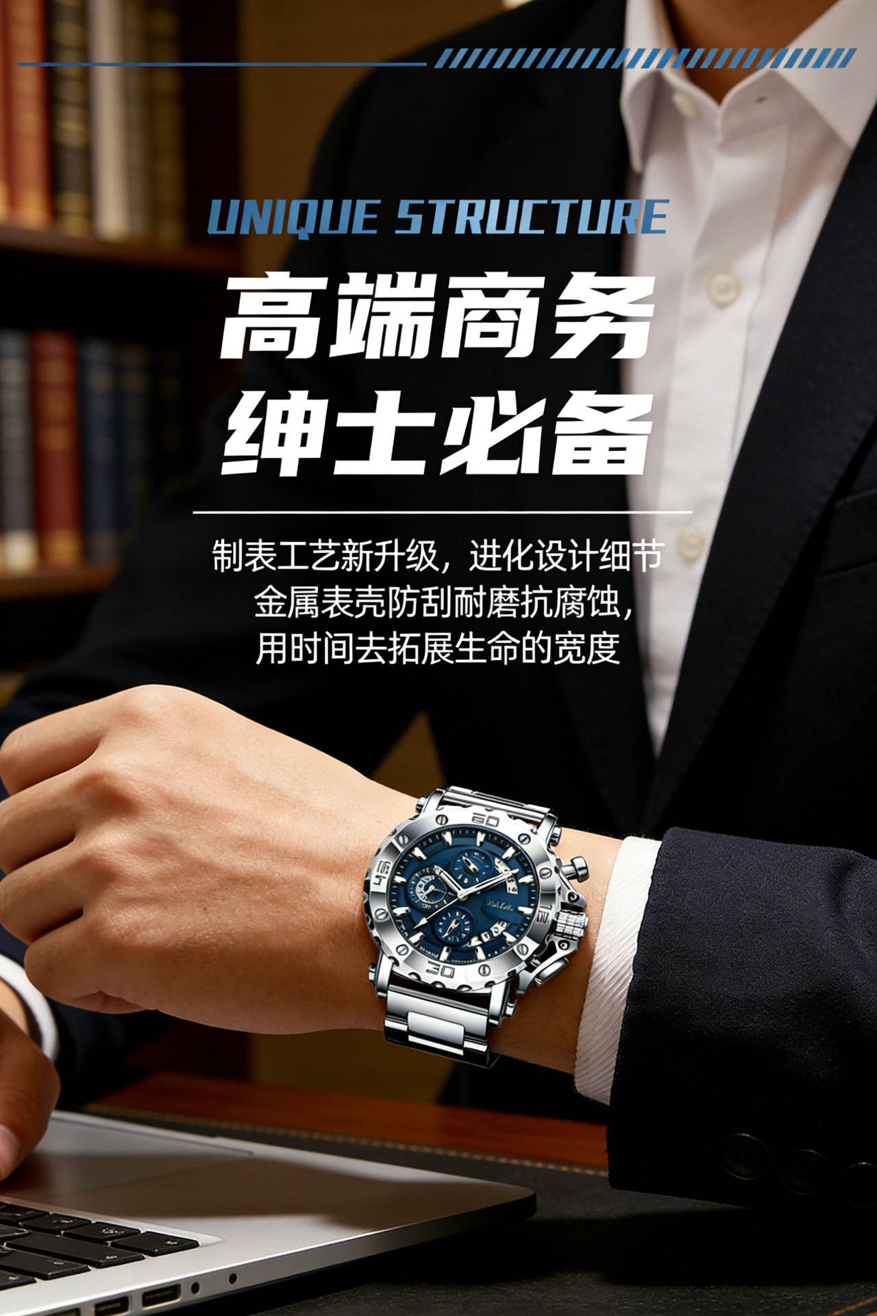 跨境外贸款钢铁之心男士石英手表真六针多功能夜光防水商务男腕表