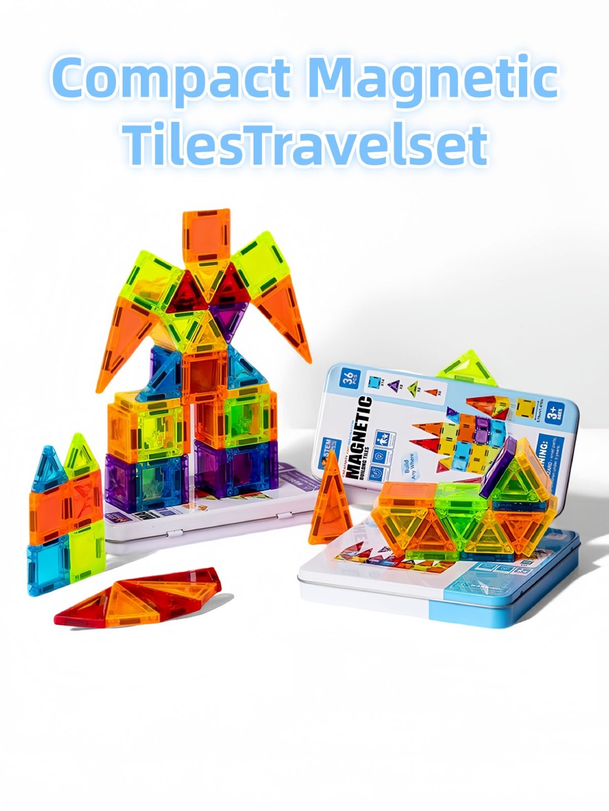 Mini magnetic building tiles, colorful windows, travel set