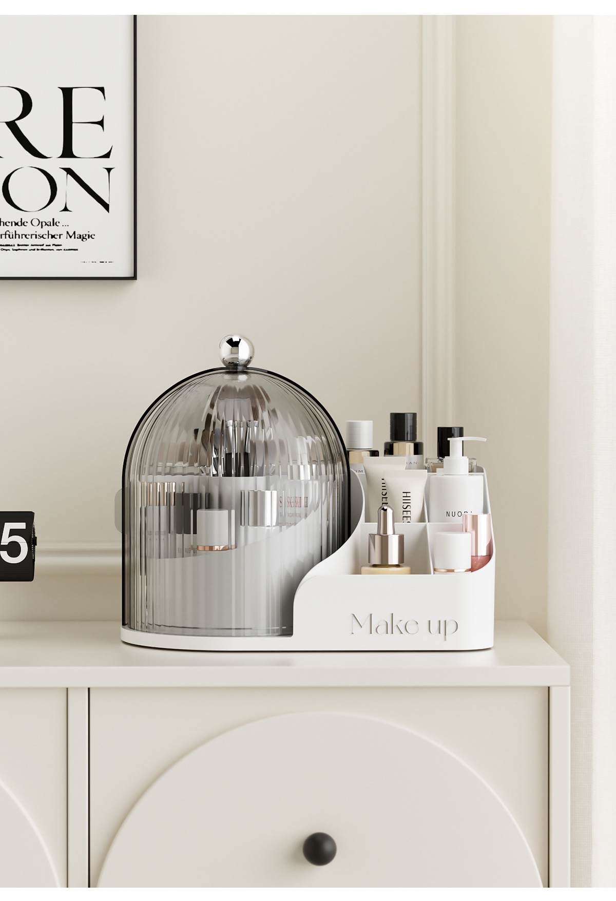 Transparent rotating makeup organizer with brush set and compartments