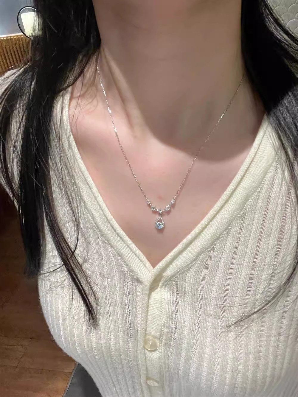 Titanstahl Halskette Damen, versilbert, mit Zirkonia, Schlüsselbeinkette