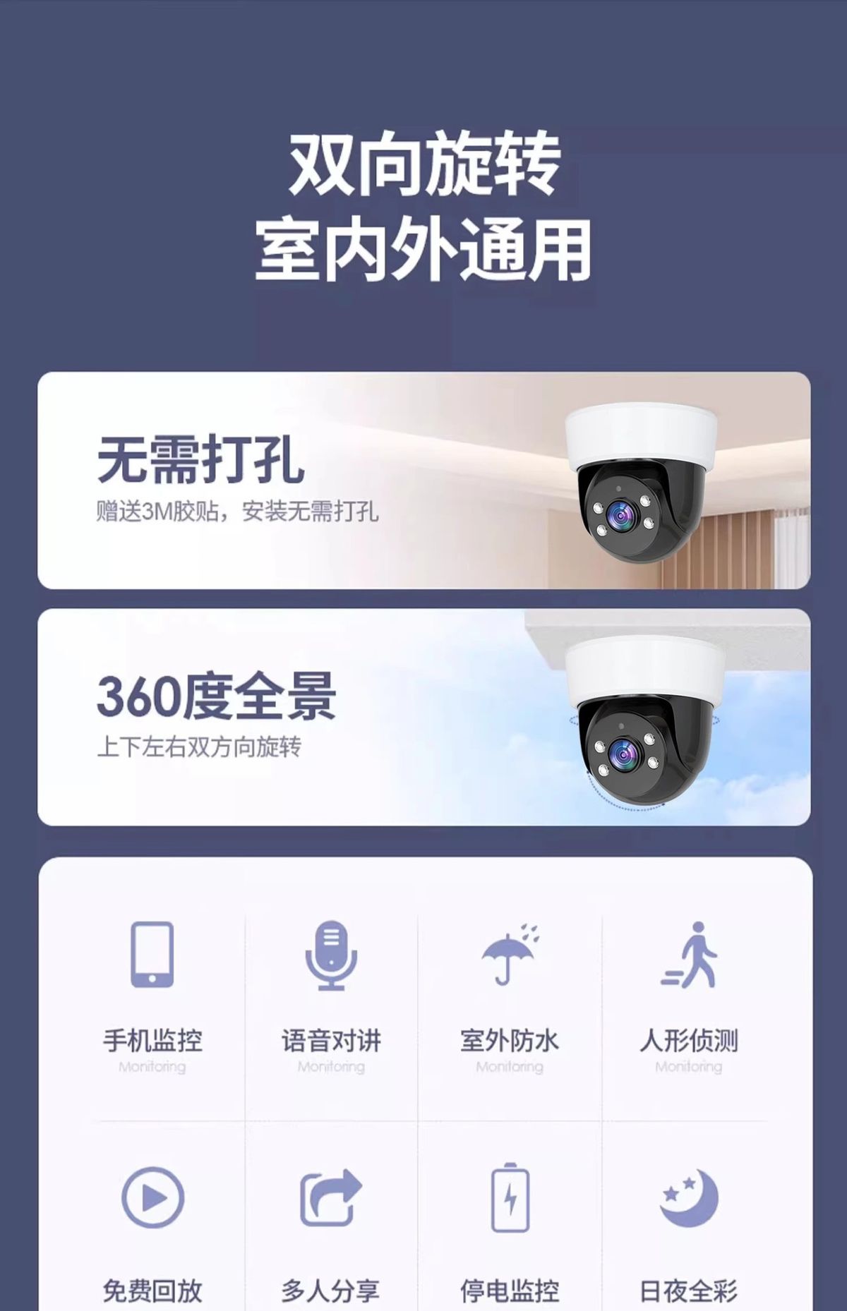 Home Surveillance Camera 355°, WiFi/4G, Panoramic HD