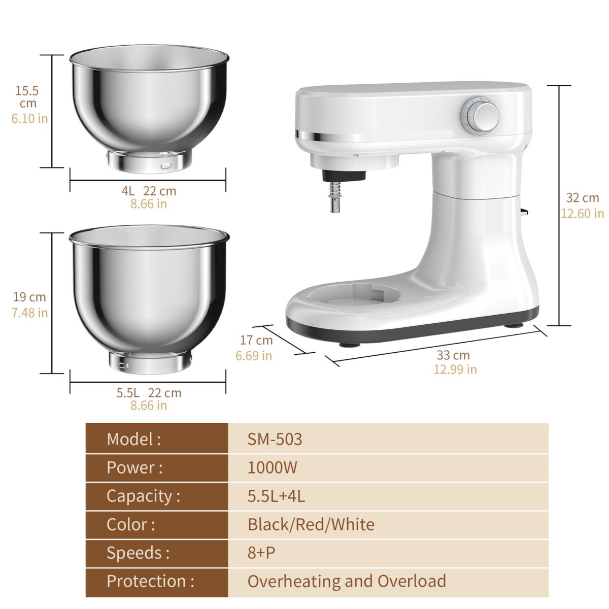 跨境立式厨师机5.5L+4L双碗和面机8档搅拌打蛋揉面机stand mixer