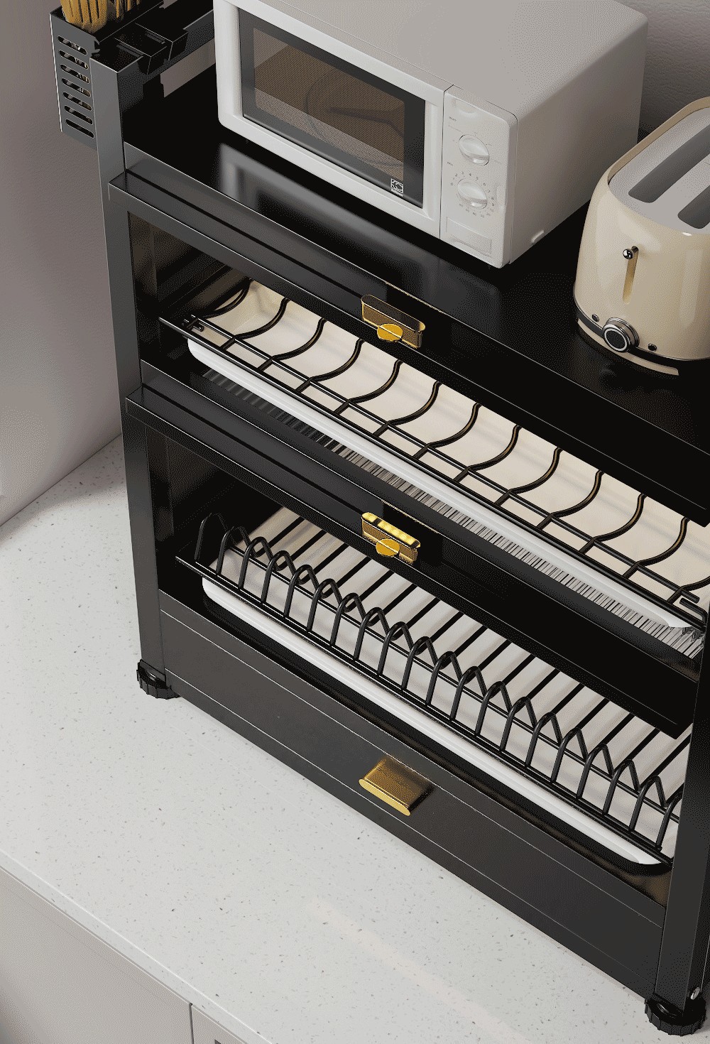 Multi-layer kitchen dish rack with cabinet door