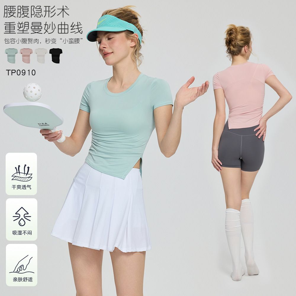 秋冬新款瑜伽服女柔软亲肤修身上衣健身服抽褶开叉显瘦短袖T恤
