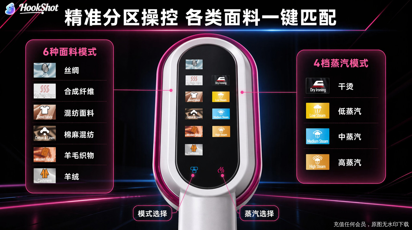Foldable handheld garment steamer, touch screen, portable