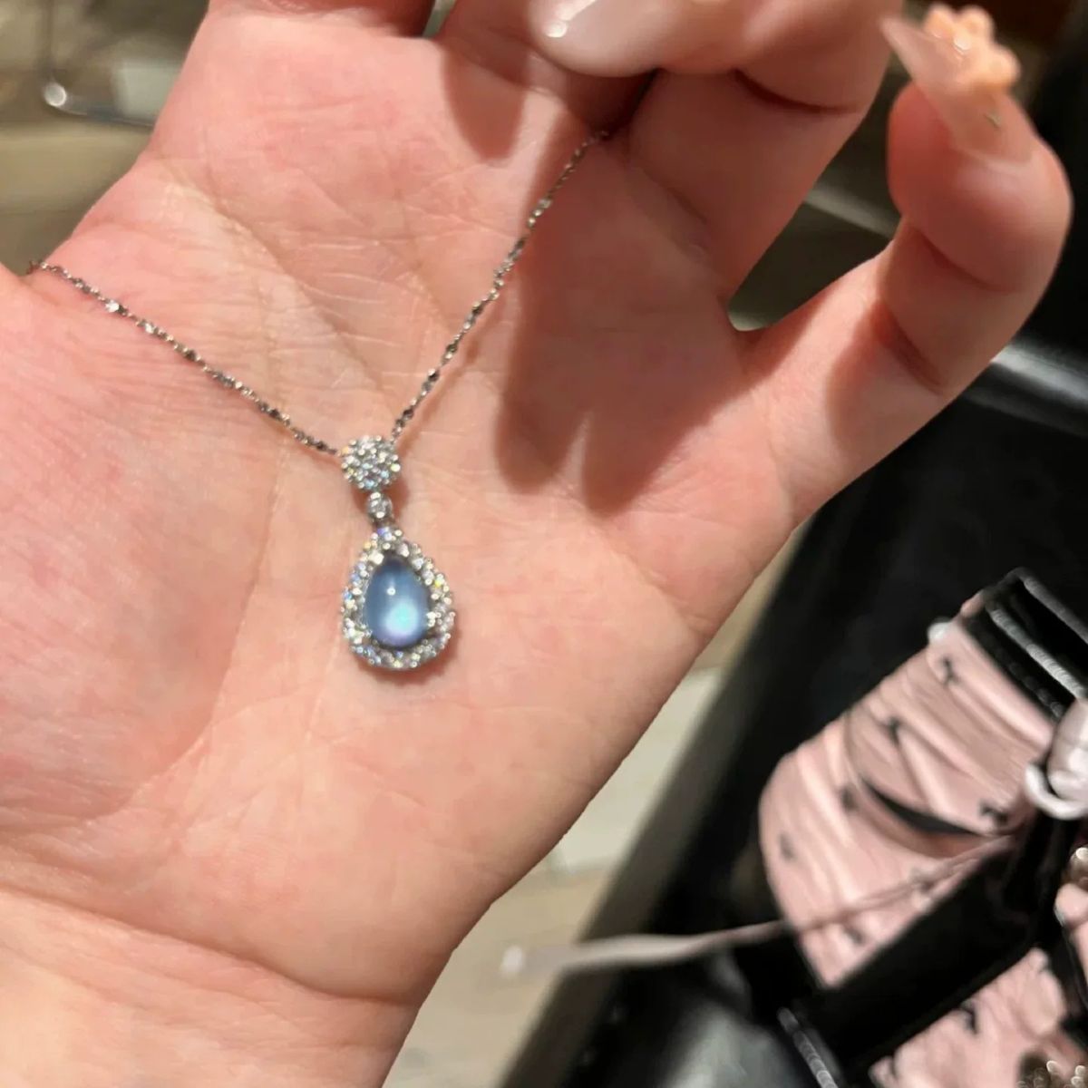 Blue tear drop pendant necklace, titanium steel