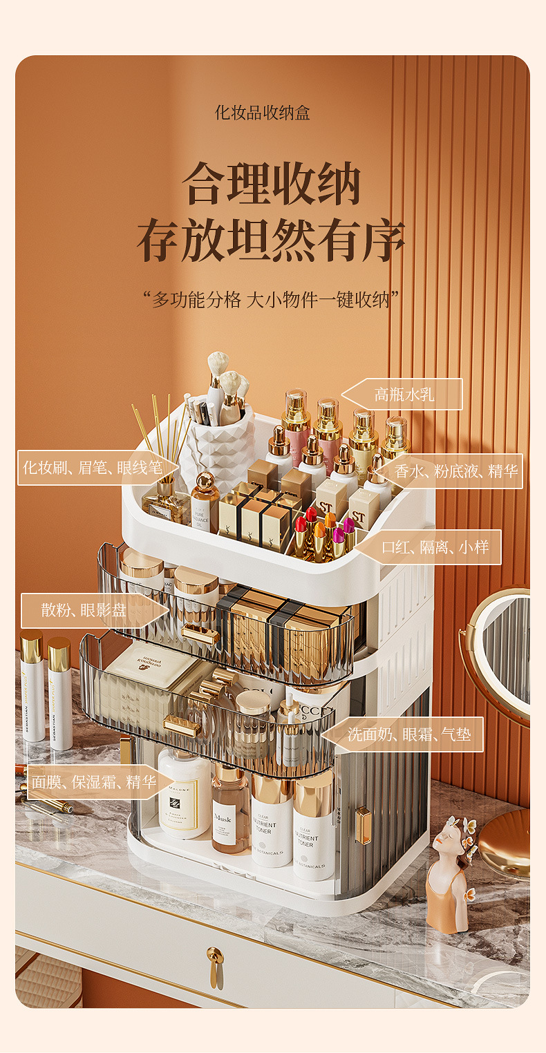 Cosmetics storage box with sliding drawer, multi-layer, large capacity